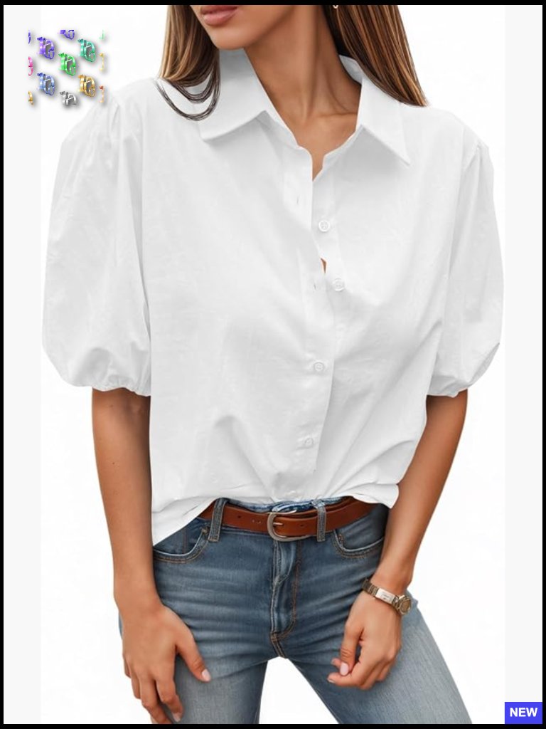 Button Down Shirt Short Puff Sleeve Collared Blouse Classic Fit Cotton